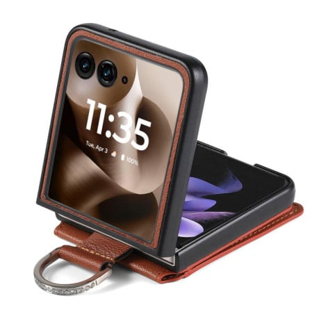 Противоударний чехол Litchi Texture Leather Ring Wallet на Motorola Razr 60 Ultra - коричневий