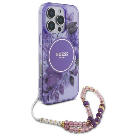 Оригінальний чохол Guess IML Flowers With Pearl Strap MagSafe для iPhone 16 Pro Max - purple