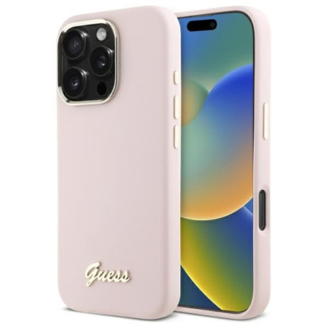 Оригінальний чохол Guess Silicone Script Metal Logo для iPhone 16 Pro Max - Pink
