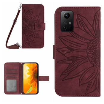 Чохол-книжка Skin Feel з малюнком соняшника на Xiaomi Redmi Note 12S - винно-червоний
