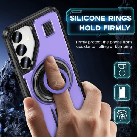 Противоударный чехол Ring Holder Carbon Fiber PC Hybrid TPU для Samsung Galaxy S25 5G - фиолетовый