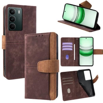 Чехол-книжка Color Stitching Skin Feel с защитой от сканирования RFID и магнитным хлястиком на Realme C71 4G - коричневый