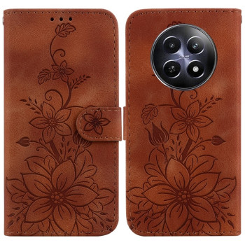 Чехол-книжка с тиснением Lily и магнитной застежкой на Realme 13 5G/12 5G/12X 5G - коричневый