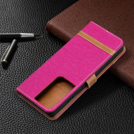 Чехол-книжка Color Matching Denim Texture на Samsung Galaxy S21 Ultra - розово-красный