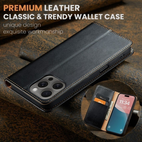 Кожаный чехол-книжка Fierre Shann Genuine leather для iPhone 16 Pro Max - черный