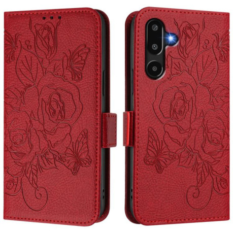 Чехол-книжка Embossed Rose RFID Anti-theft Leather для на Samsung Galaxy F16 5G/M16 5G Global - красный
