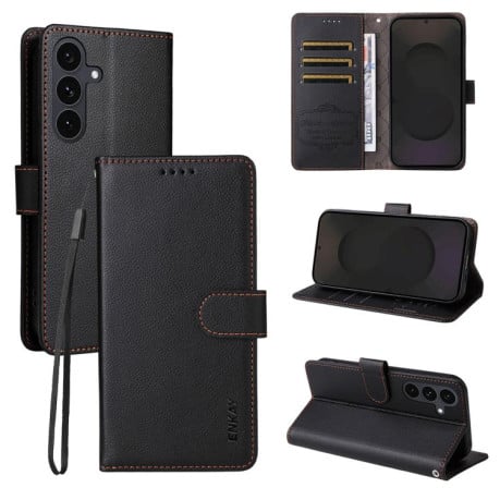 Чохол-книжка ENKAY RFID Blocking Wallet Kickstand з фактурою Litchi та магнітним хлястиком на Samsung Galaxy S25 FE 5G - чорний