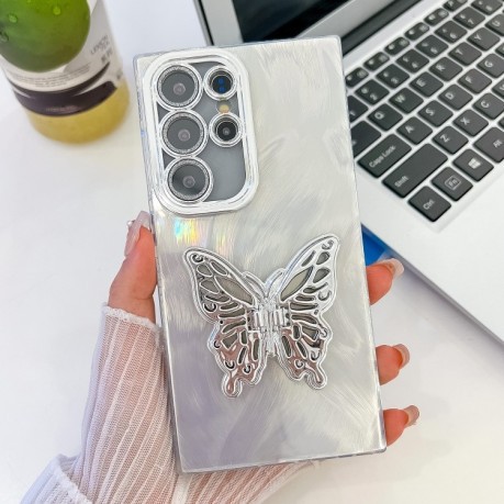 Противоударный чехол Plating Glitter Texture Butterfly для Samsung Galaxy S25 Ultra 5G - White Feather Yarn