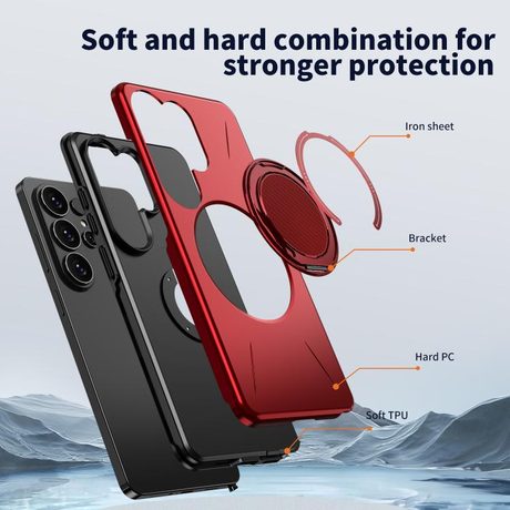 Чохол Metal Rotation Holder MagSafe TPU Hybrid PC з металевим поворотним тримачем і MagSafe для Samsung Galaxy S26 Ultra 5G — червоний