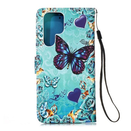Чехол-книжка Colored Drawing Pattern для Samsung Galaxy S22 Ultra 5G - Heart Butterfly