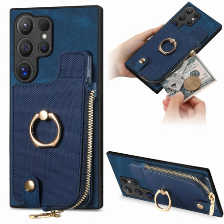 Чохол Cross Leather Ring Vertical Zipper Wallet на Samsung Galaxy S24 Ultra 5G - синій