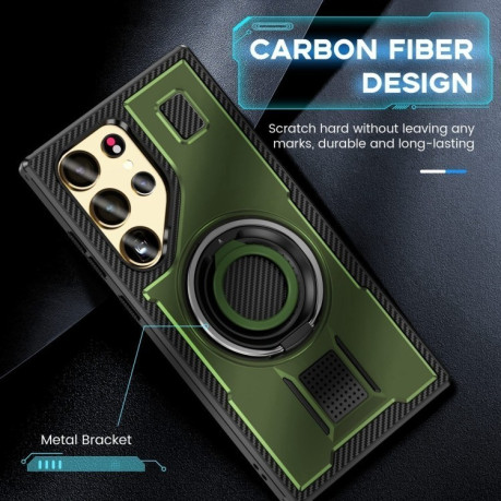 Протиударний чохол Ring Holder Carbon Fiber PC Hybrid TPU  для Samsung Galaxy S25 Ultra 5G - зелений