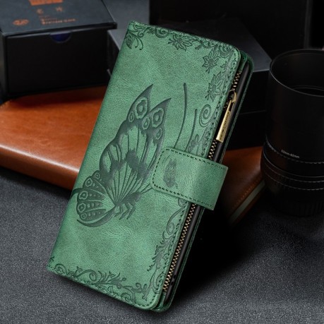 Чехол-кошелек Flying Butterfly Embossing для iPhone 14/13 - зеленый