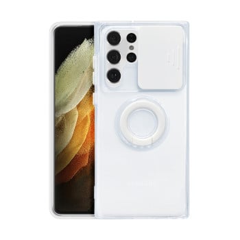 Противоударный чехол Sliding Camera with Ring Holder для Samsung Galaxy S22 Ultra 5G - прозрачно- белый