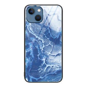 Противоударный стеклянный чехол Marble Pattern Glass на iPhone 14 - Blue Ocean