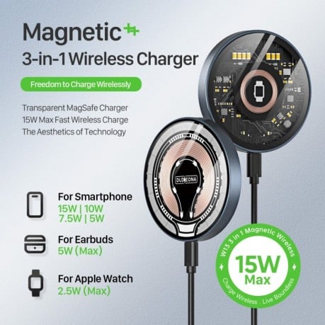 Быстрая Беспроводная зарядка DUZZONA W13 15W Transparent MagSafe Magnetic Suction Wireless Charger