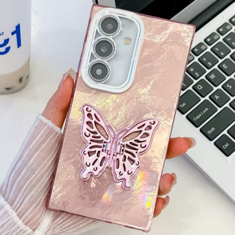 Противоударный чехол Plating Glitter Texture Butterfly для Samsung Galaxy S25+ 5G - Pink Tinfoil Texture