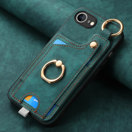 Чехол Retro Skin-feel Ring Card Bag для iPhone 16e - зеленый
