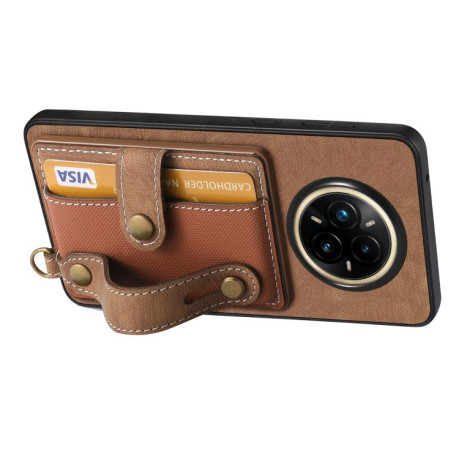 Протиударний чохол Retro Cross Wristband Wallet Leather для Realme 14 Pro+ - коричневий
