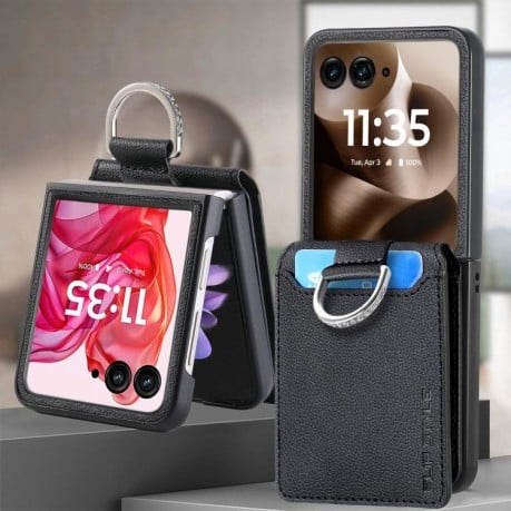 Протиударний чохол Litchi Texture Leather Ring Wallet  на Motorola Razr 60 Ultra - чорний
