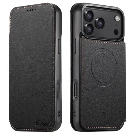 Чехол-книжка Suteni J06 с фактурой Retro Matte Litchi с MagSafe на iPhone 17 Pro - черный