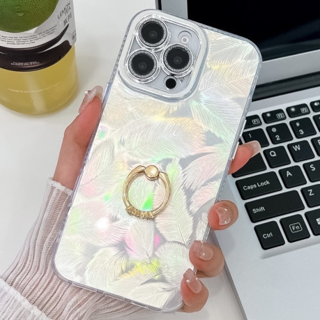 Противоударный чехол Plating Glitter Texture Ring Holder для iPhone 16 Pro - White Feathers