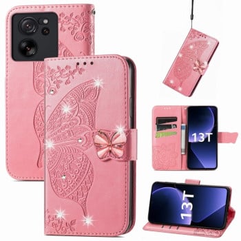 Чехол-книжка Rhinestones Butterfly Love Flower Embossed для Xiaomi 13T / 13T Pro - розовый