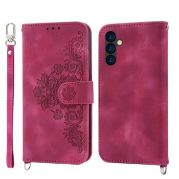 Чехол-книжка Skin-feel Flowers Embossed для Samsung Galaxy A24 4G - винно-красный