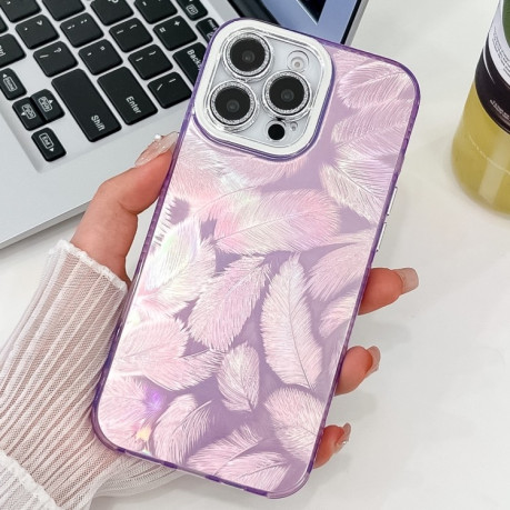 Противоударный чехол Plating Glitter Texture TPU with Lens Film для iPhone 16 Pro - Purple Feathers