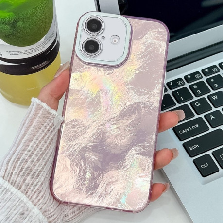 Протиударний чохол Plating Glitter Texture TPU with Lens Film для iPhone 16 Plus - Pink Tinfoil Texture