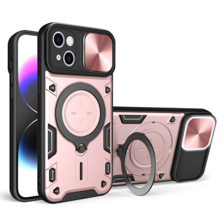 Противоударный чехол CD Texture Sliding Camshield Magnetic Holder на iPhone 15 Plus-розовое золото