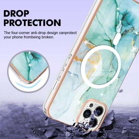 Противоударный чехол Marble Pattern Dual-side IMD Magsafe для iPhone 15 Pro Max - зеленый