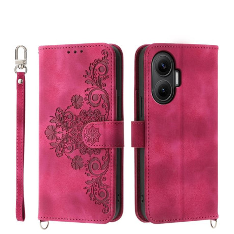 Чехол-книжка Skin-feel Flowers Embossed для Xiaomi Poco F7 - винно-красный