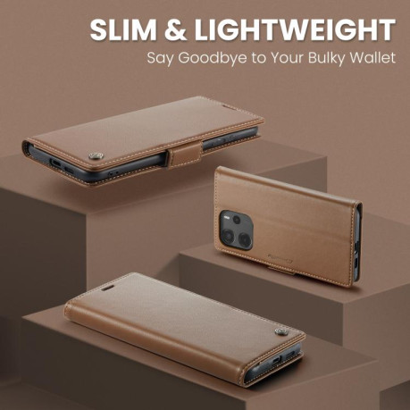 Чехол-книжка CaseMe 023 Butterfly Buckle Litchi Texture RFID Anti-theft Leather для Xiaomi Redmi Note 14 4G 164.84mm - коричневый