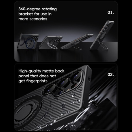 Противоударный чехол Carbon Fiber MagSafe 360 Degree Rotating Holder на Samsung Galaxy S25 Ultra 5G - черно-серый