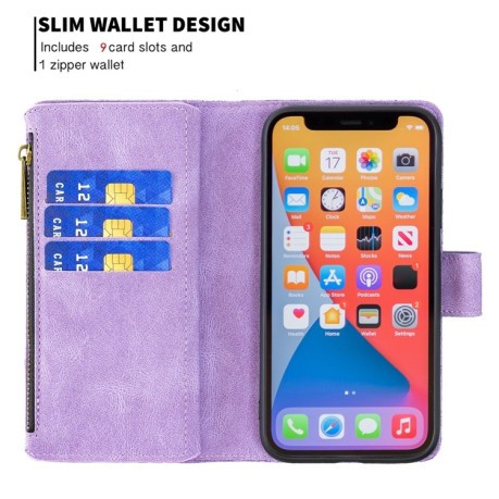 Чохол-гаманець Flying Butterfly Embossing для iPhone 14/13 - фіолетовий