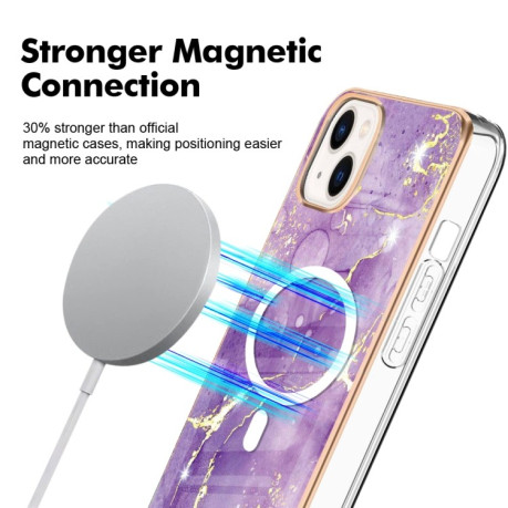 Противоударный чехол Marble Pattern Dual-side IMD Magsafe для iPhone 15 - фиолетовый
