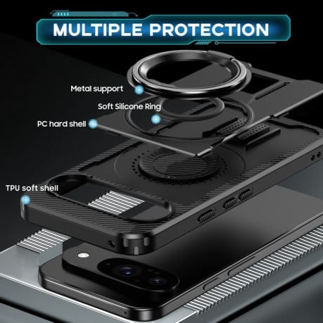 Противоударный чехол Ring Holder Carbon Fiber PC Hybrid TPU для Google Pixel 9 / 9 Pro - черный