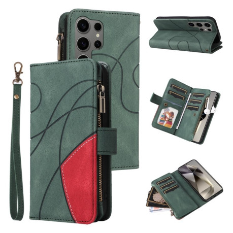 Чехол-книжка Dual-color 9 Card Slots Zipper Wallet Leather для Samsung Galaxy S25 Ultra 5G - зеленый