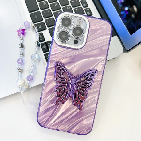 Противоударный чехол Plating Glitter Lens Film Texture Butterfly Holder Wristband для iPhone 16 Pro Max - Purple Water Ripples