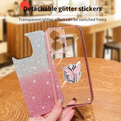Противоударный чехол Plated Gradient Glitter Butterfly Holder для Motorola Moto G85 - голубой