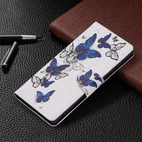 Чехол-книжка Colored Drawing Pattern для Samsung Galaxy S22 Ultra 5G - Blue Butterflies