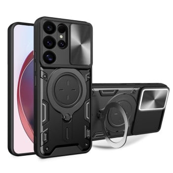 Чохол із шторкою камери CD фактурою та підставкою на Samsung Galaxy S25 Ultra 5G - чорний