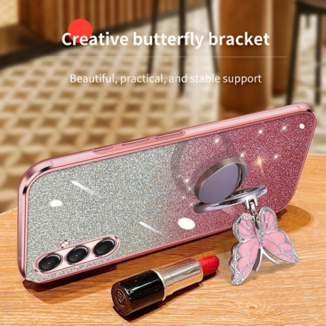 Противоударный чехол Plated Gradient Glitter Butterfly Holder для Samsung Galaxy A16 5G - голубой