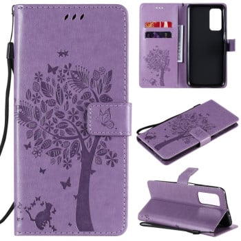 Чехол-книжка Tree &amp; Cat Pattern на Xiaomi Mi 10T / 10T Pro - светло-фиолетовый