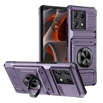 Противоударный чехол Shockproof Card Slot Phone Case with Metal Ring Holder для Motorola Edge 50 Pro - фиолетовый