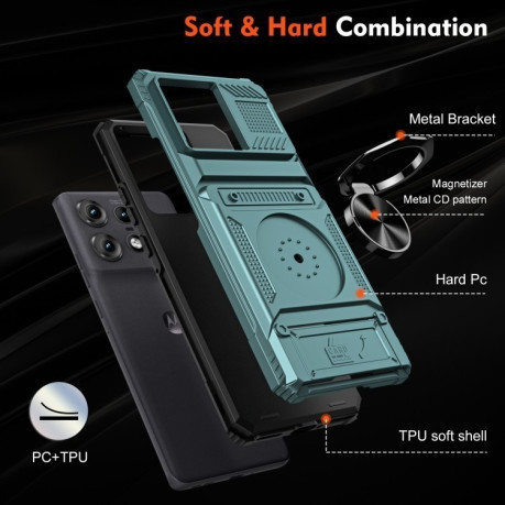 Противоударный чехол Shockproof Card Slot Phone Case with Metal Ring Holder для Motorola Edge 50 Pro - зеленый