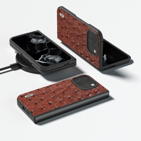 Шкіряний чохол ABEEL Genuine Leather Ostrich Texture для Google Pixel 9 Pro Fold - кавовий