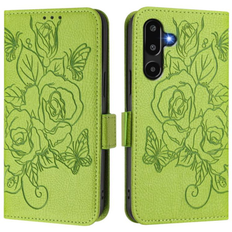 Чехол-книжка Embossed Rose RFID Anti-theft Leather для Samsung Galaxy F16 5G/M16 5G Global - зеленый