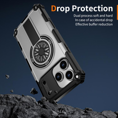 Противоударный чехол Shockproof Kickstand Metallic Shaft MagSafe на iPhone 17 Pro - серебристый
